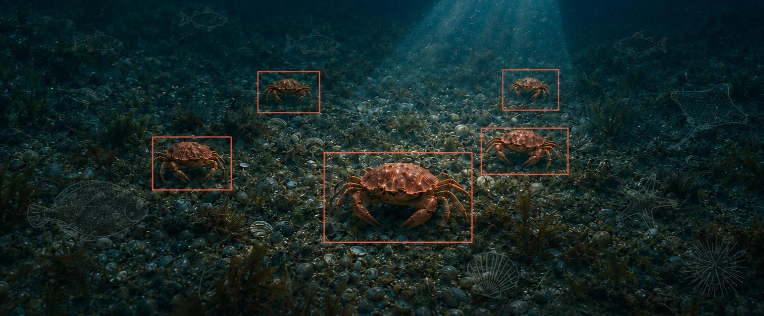 Underwater survey camera detecting crab on the seafloor